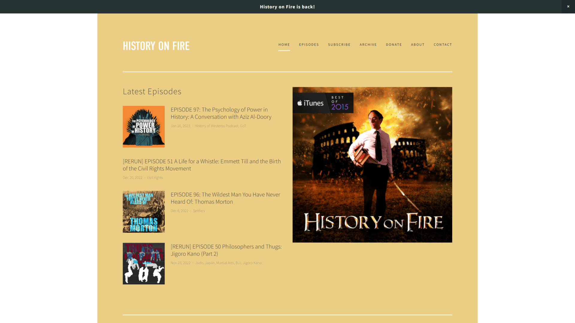 screenshot of the history on fire homepage