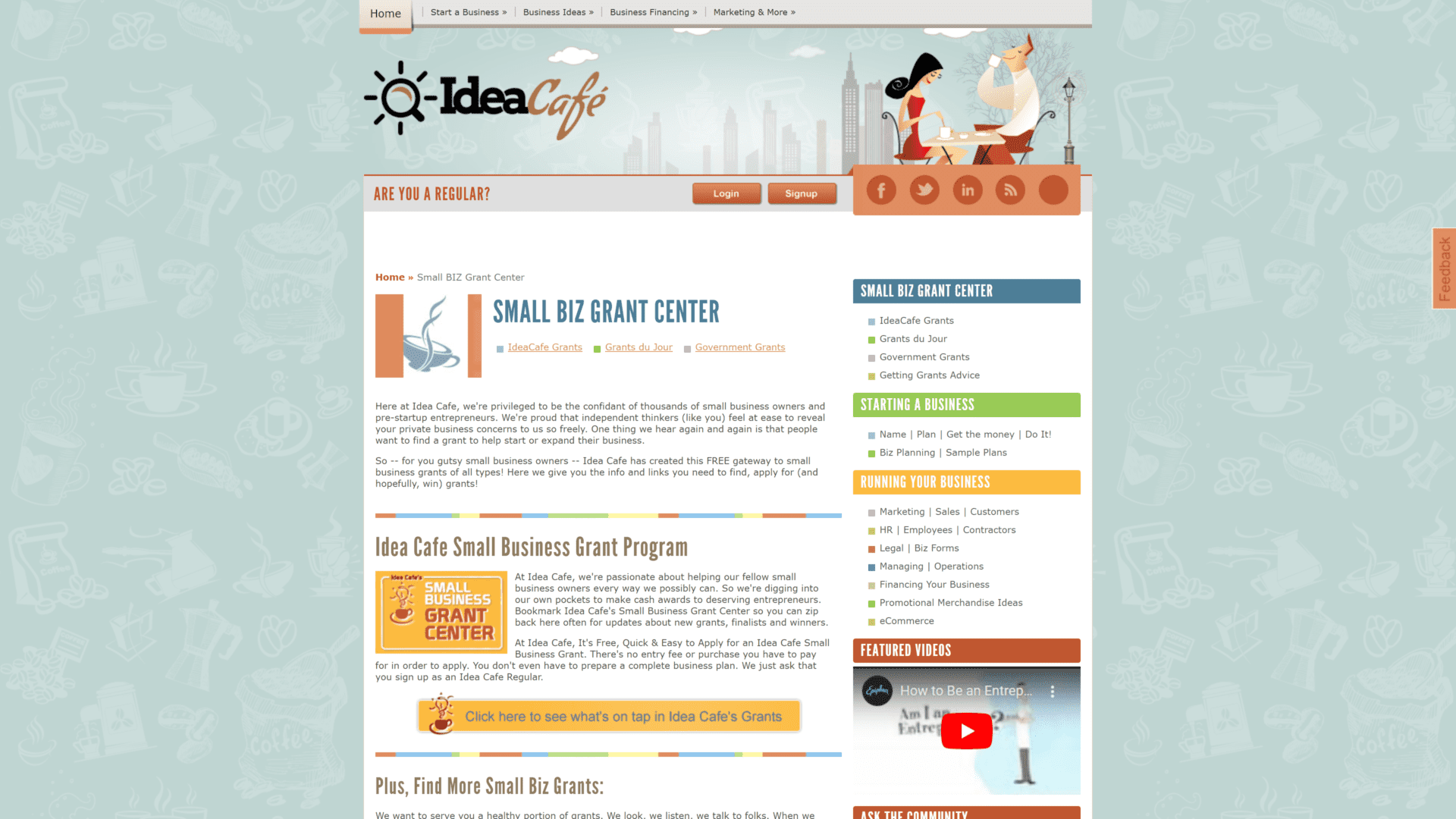 screenshot of the idea cafe small business grant homepage
