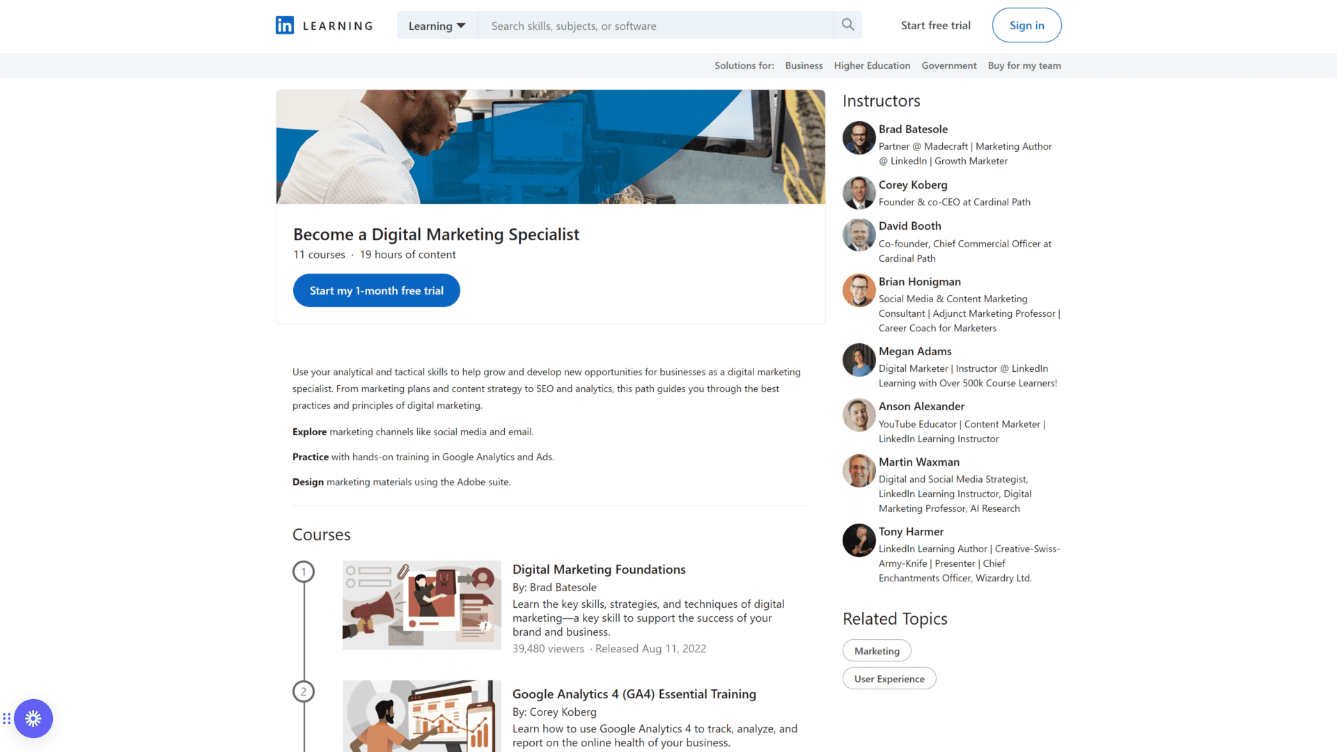 screenshot of the linkedin learning become a digital marketing specialist homepage