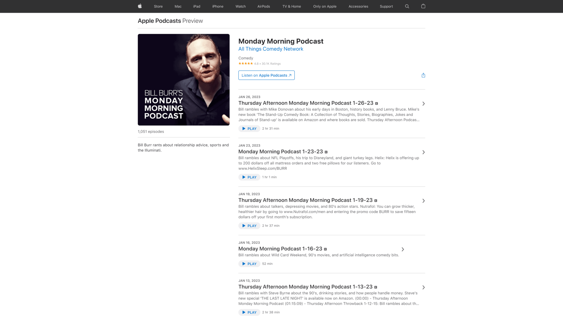 screenshot of the monday morning podcast homepage