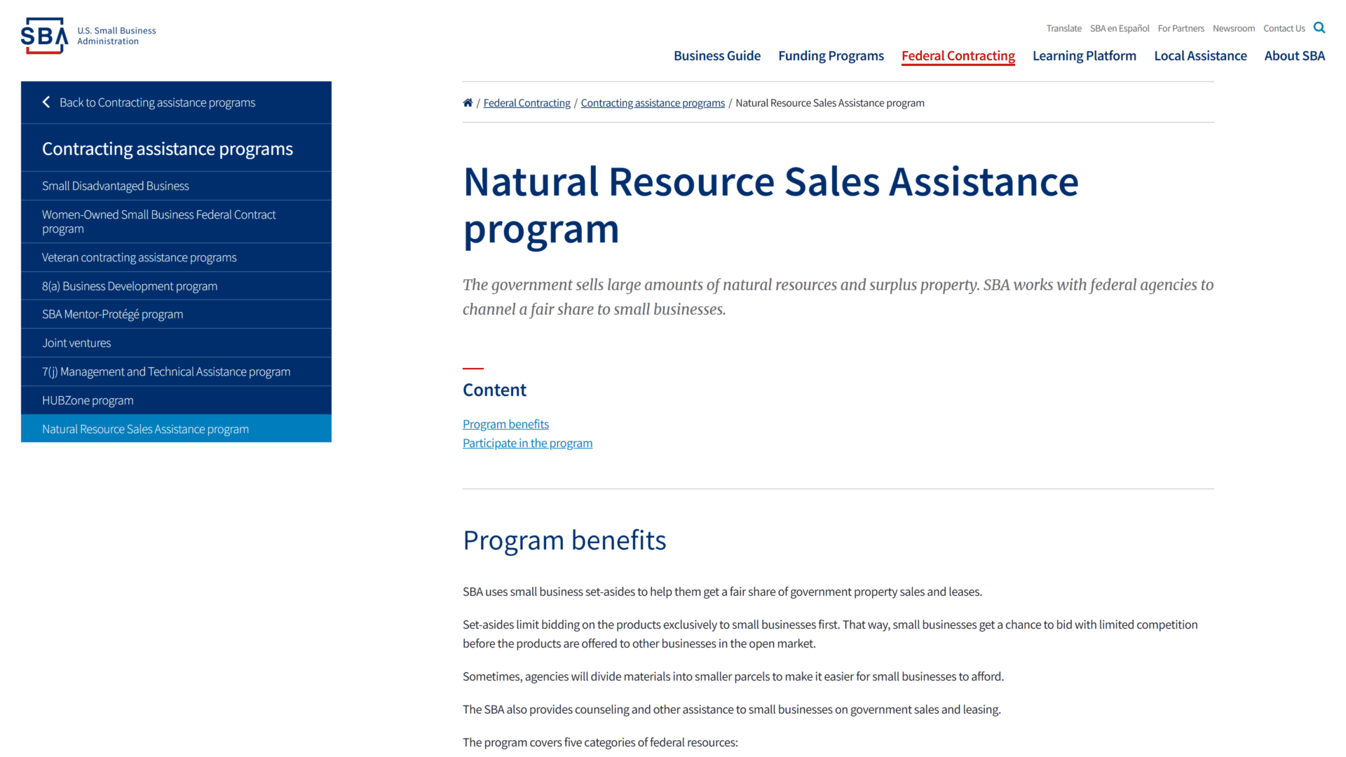 screenshot of the natural resource sales assistance programs homepage
