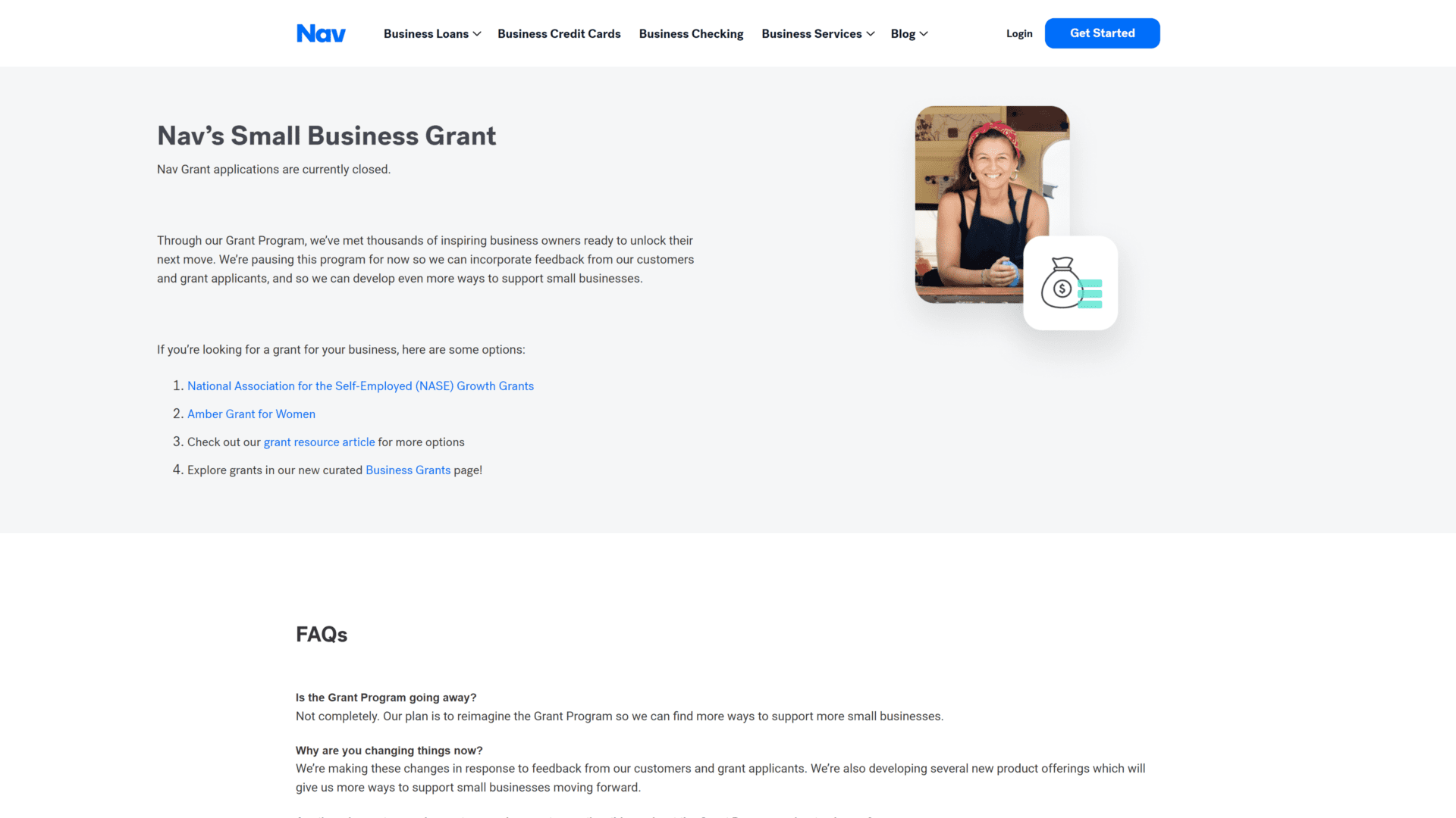 screenshot of the nav business grant contest homepage