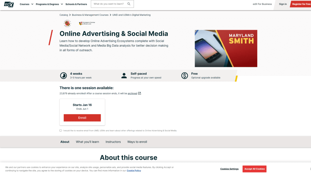 A screenshot of the  Online Advertising & Social Media by the University of Maryland homepage