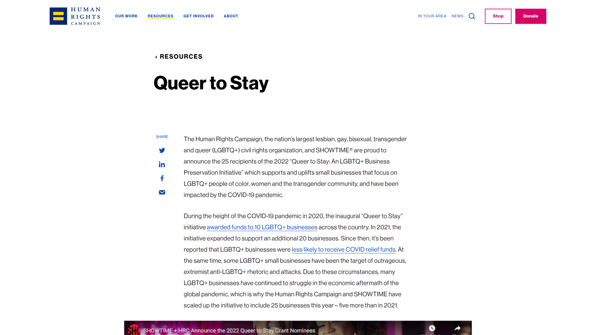 screenshot of the queer to stay initiative homepage