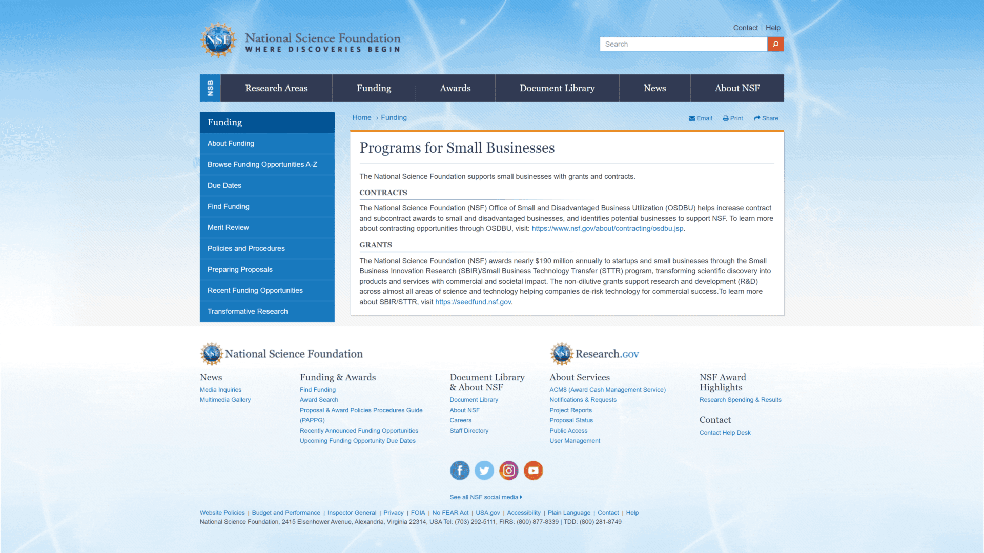 screenshot of the research grants homepage