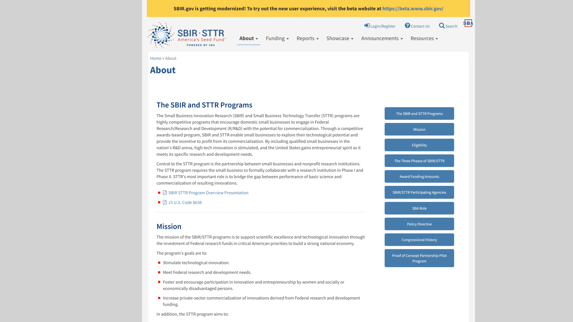 screenshot of the SBIR and STTR homepage