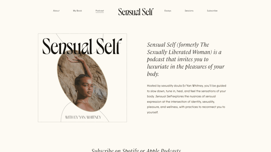 screenshot of the sensual self with evyan whitney homepage