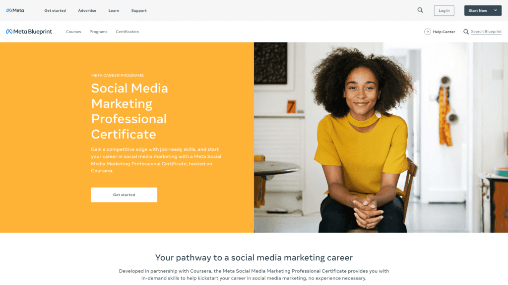 A screenshot of the social media marketing professional by meta homepage