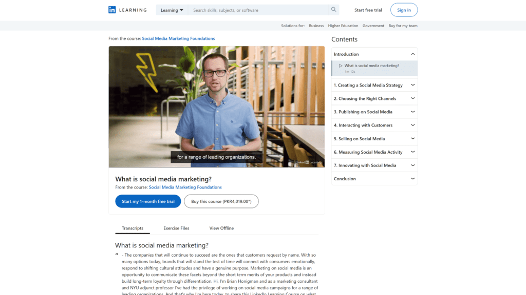 A screenshot of the Social Media Marketing Foundations by LinkedIn Learning homepage