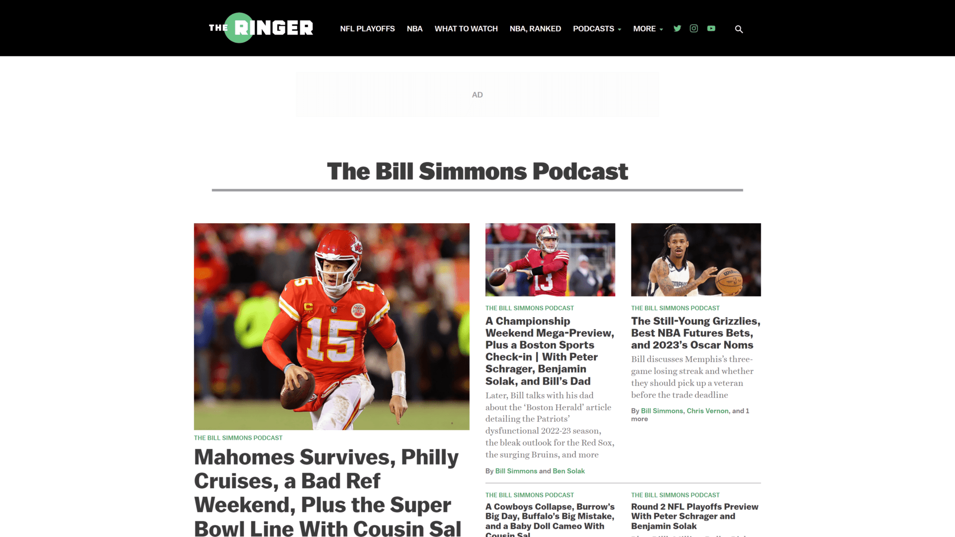 screenshot of the bill simmons podcast homepage