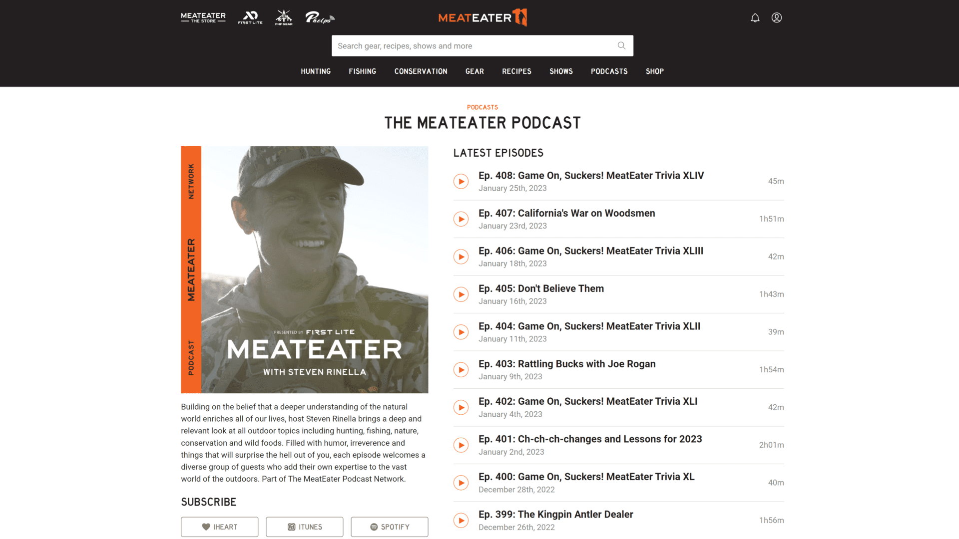 screenshot of the meat eater podcast homepage