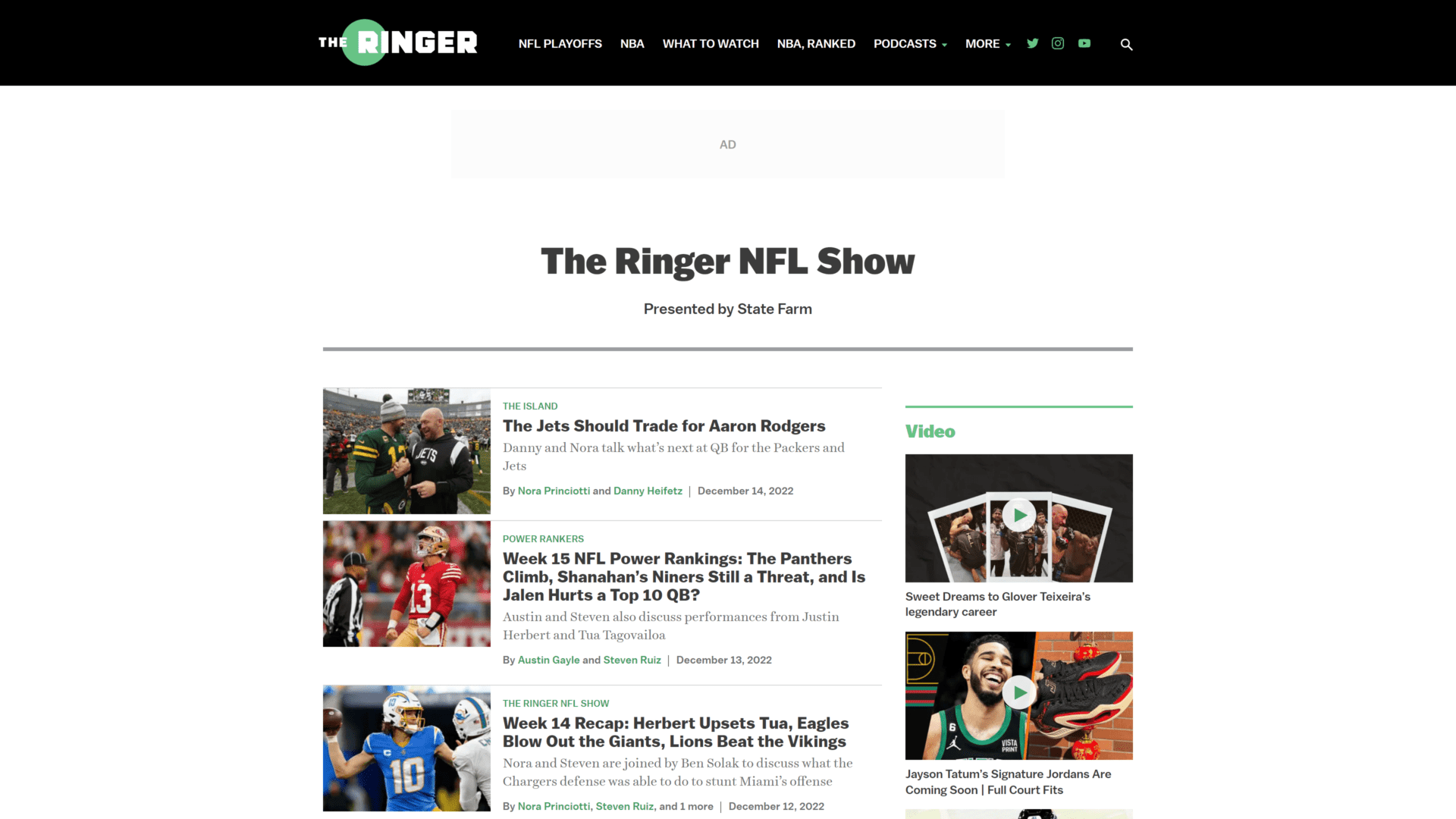 screenshot of the ringer nfl show homepage