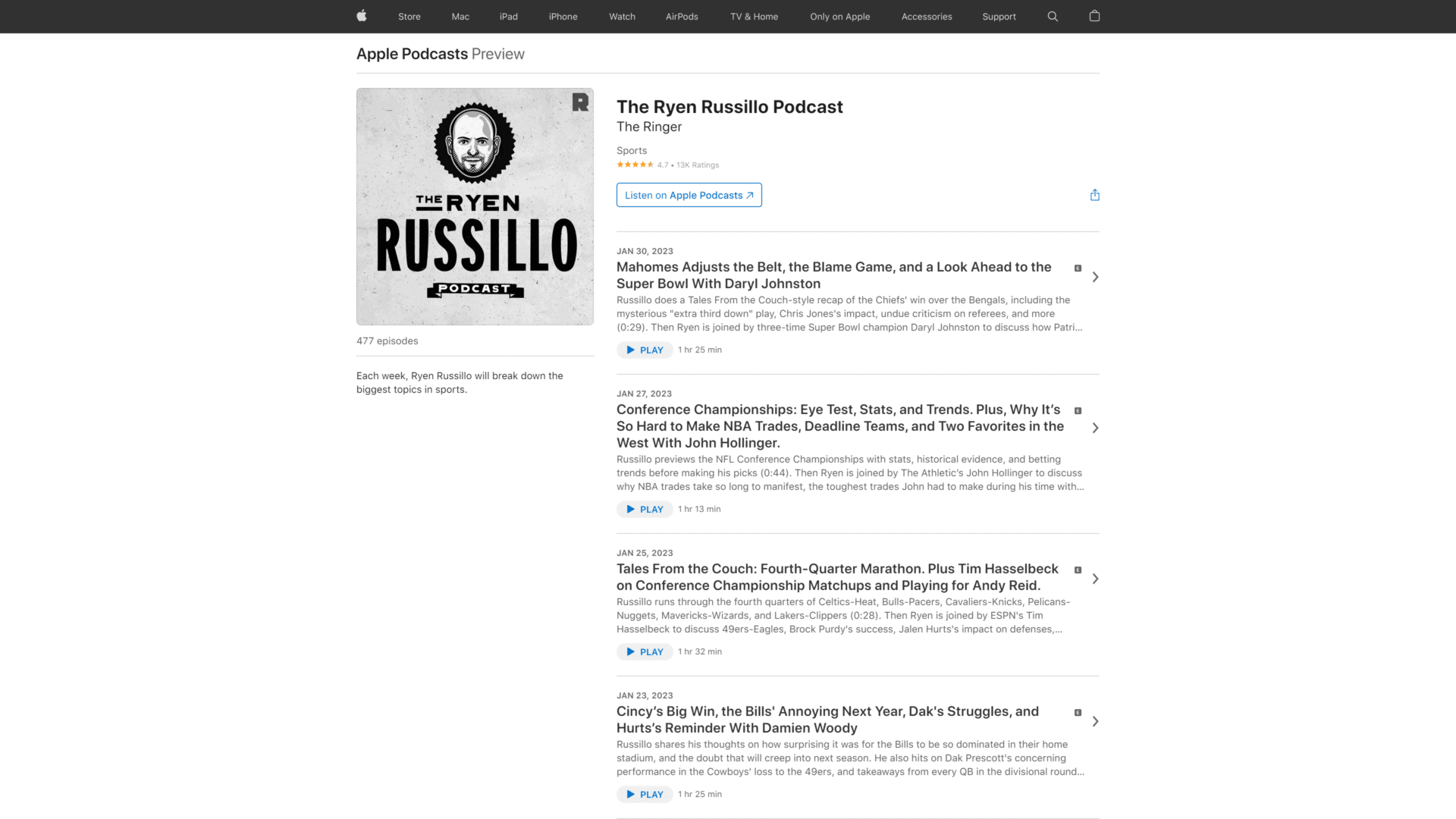 screenshot o he ryan russillo podcast homepage