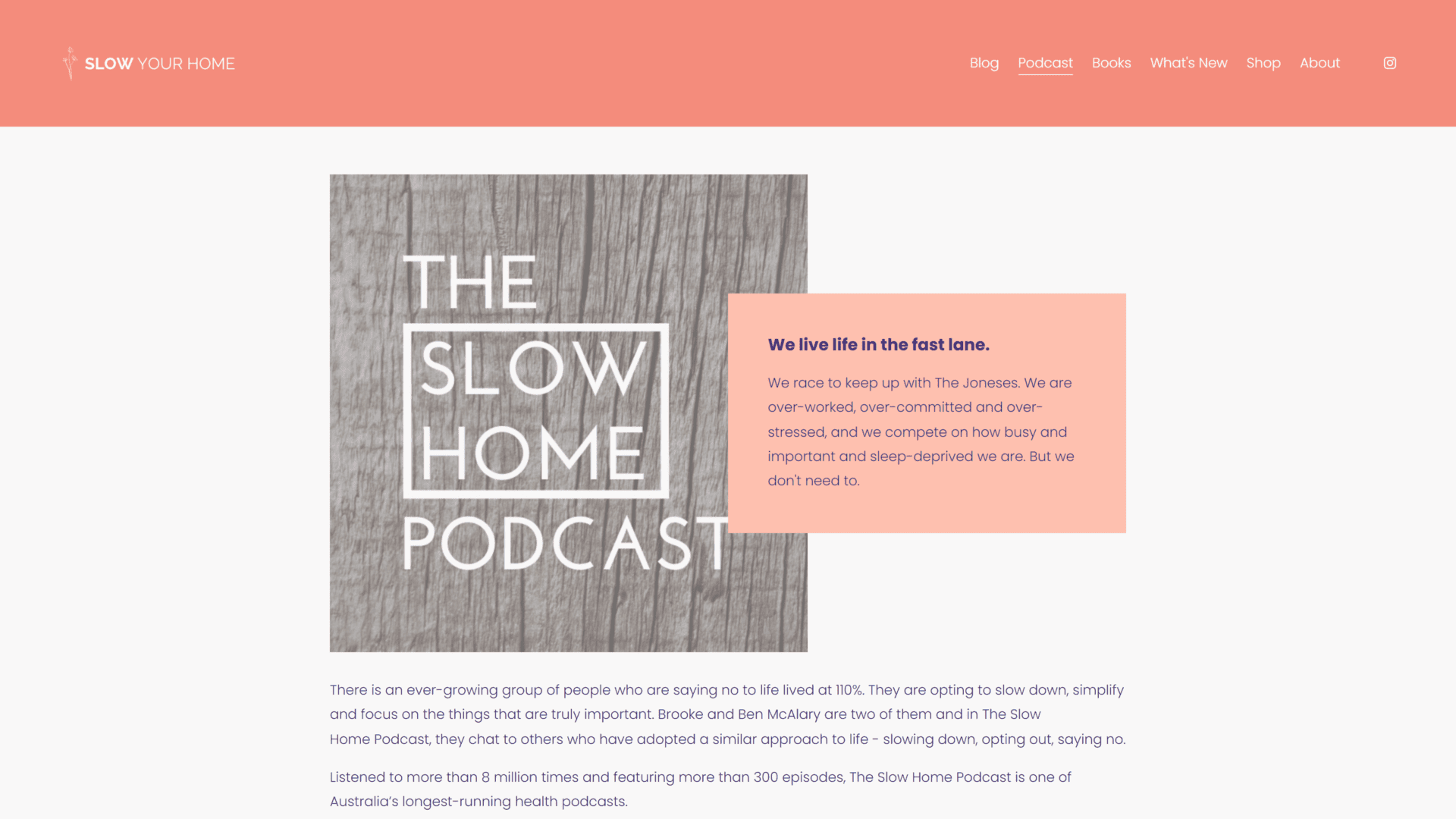screenshot of the slow home podcast homepage