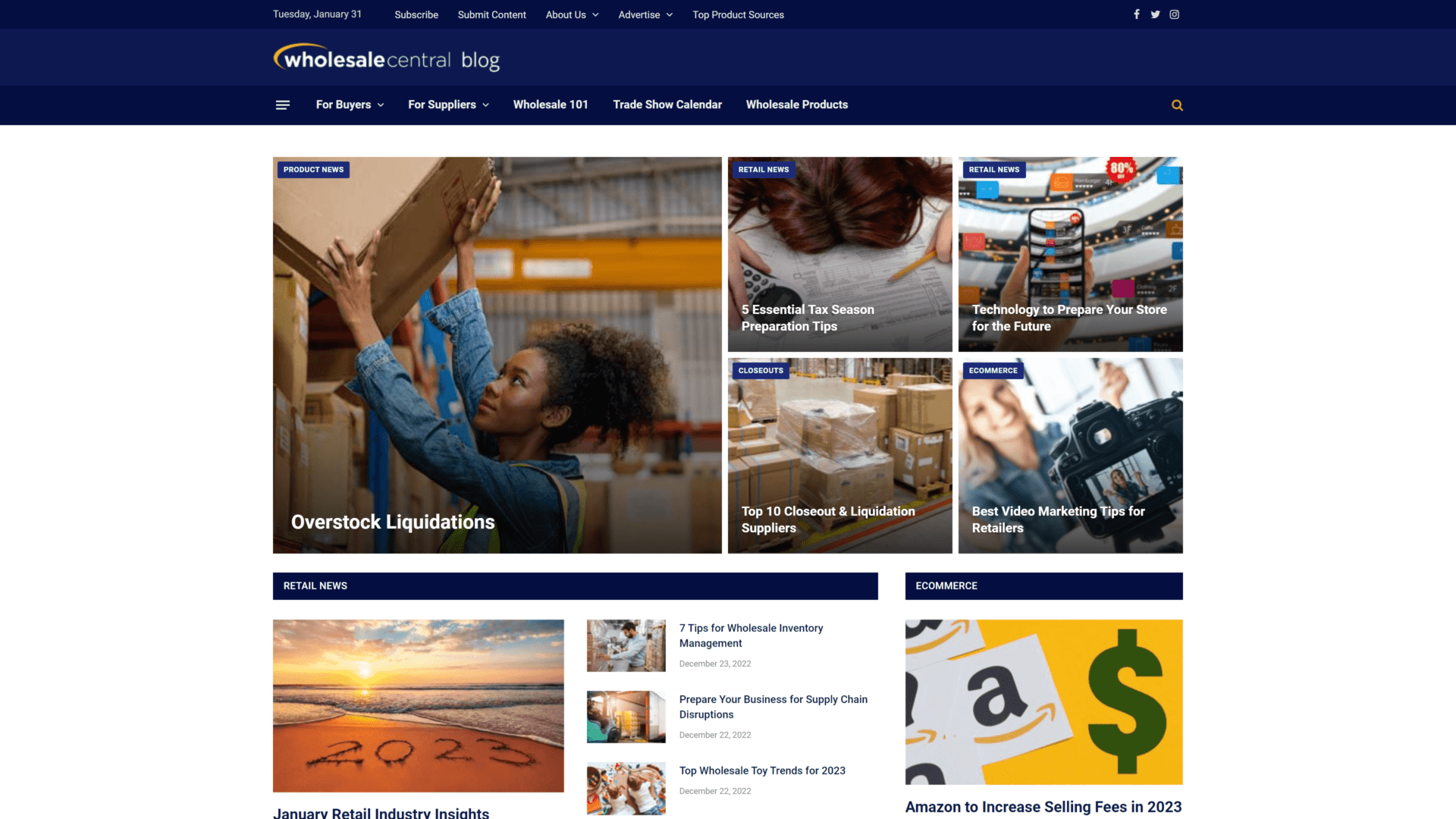 screenshot of the wholesale central homepage