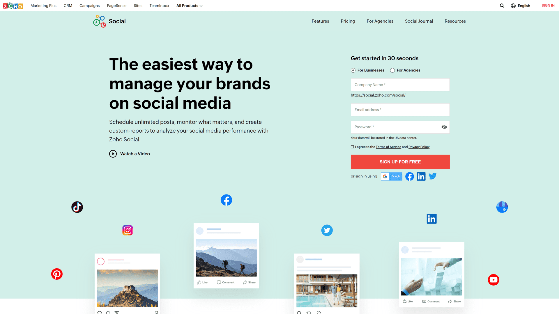 screenshot of the zoho social homepage