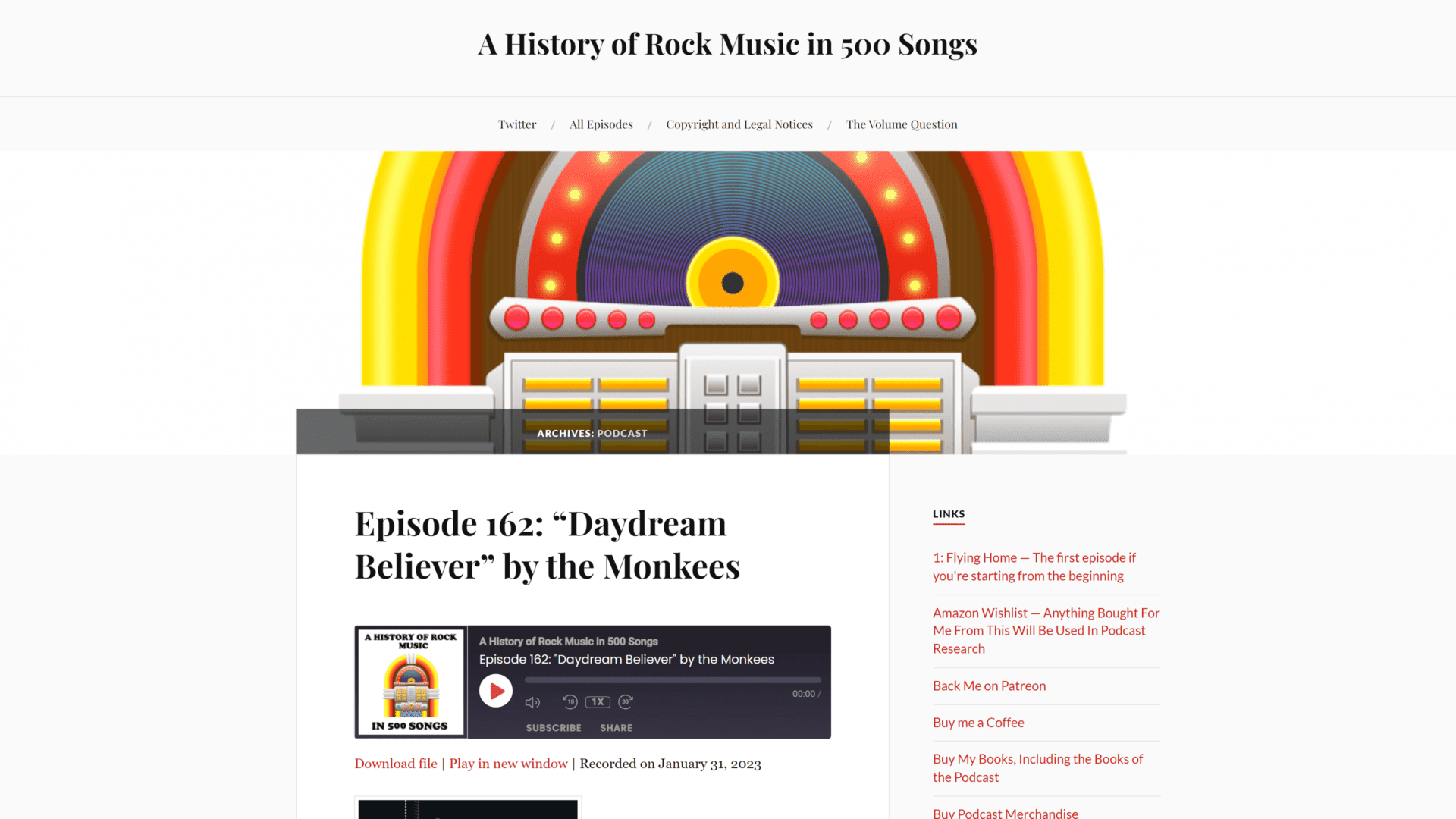 A screenshot of a history of rock music in 500 songs homepage