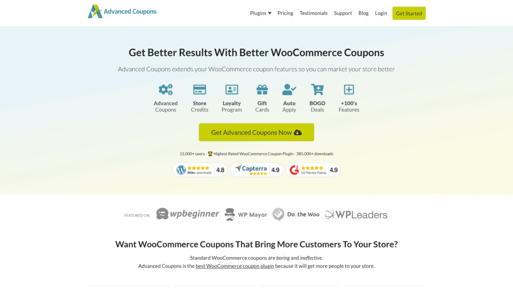 screenshot of the advanced coupons homepage