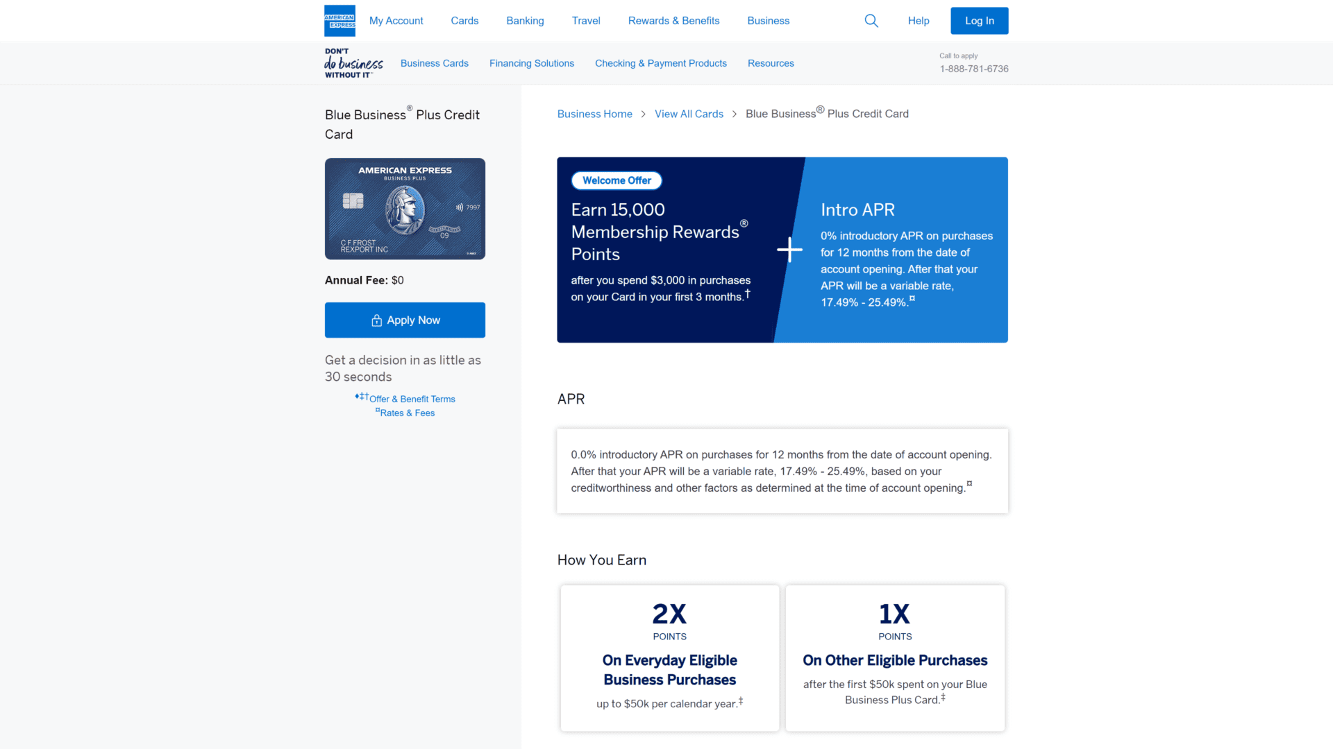 A screenshot of the American express blue homepage