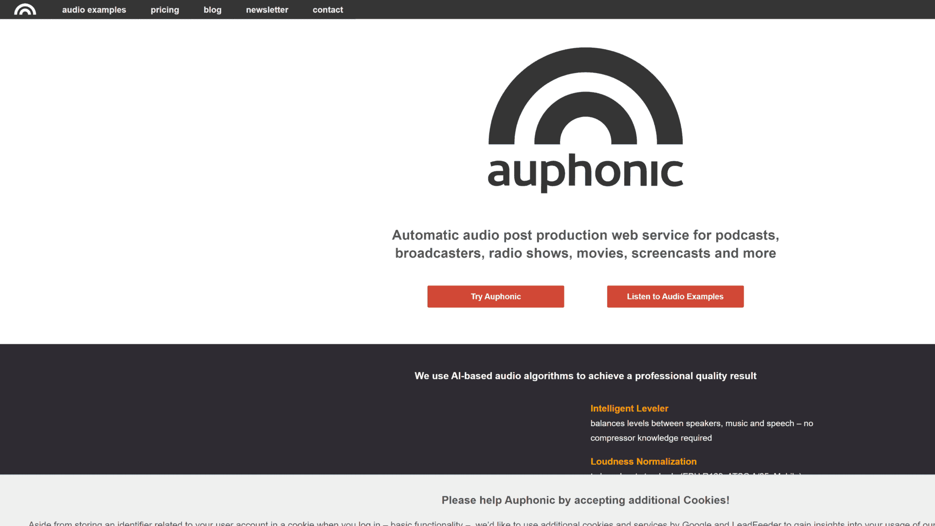 A screenshot of the auphonic homepage