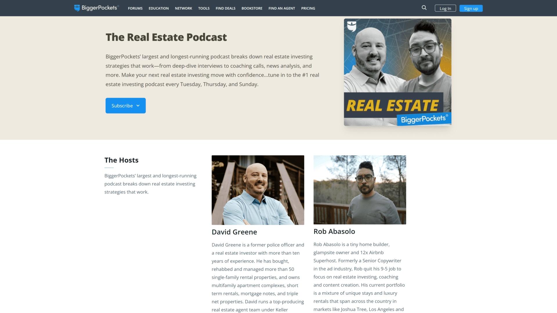 A screenshot of the bigger pockets real estate podcast homepage