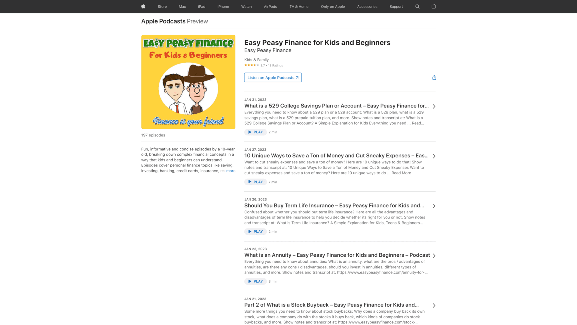 A screenshot of the easy peasy finance for kids and beginners podcast homepage
