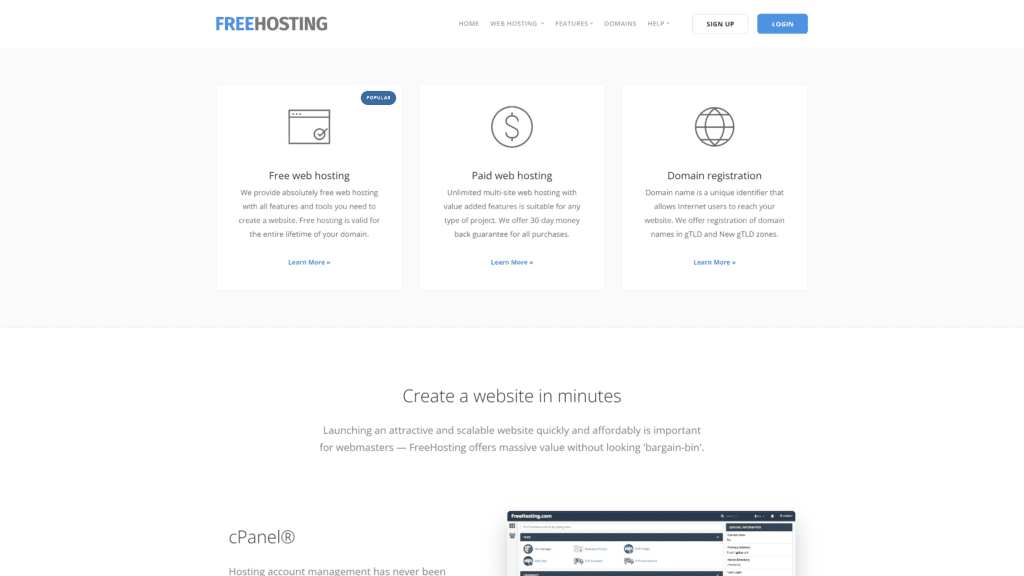 freehosting homepage screenshot 1
