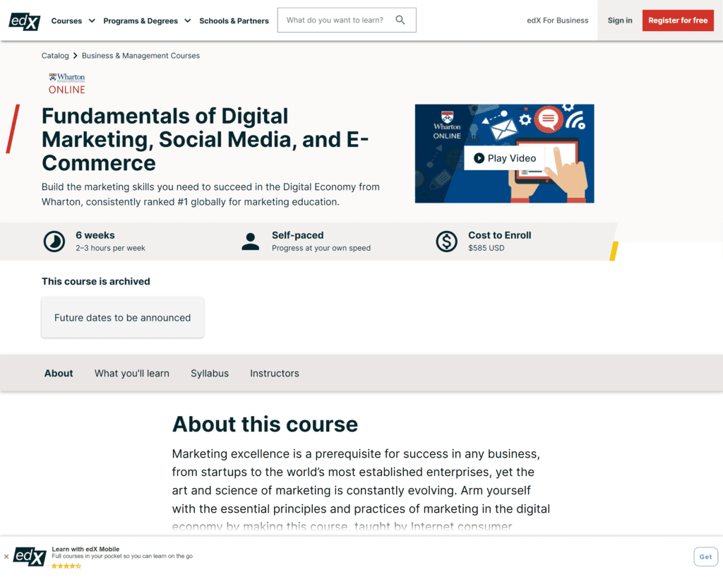 A screenshot of the  Fundamentals of Digital Marketing, Social Media, and E-Commerce by The Wharton School homepage