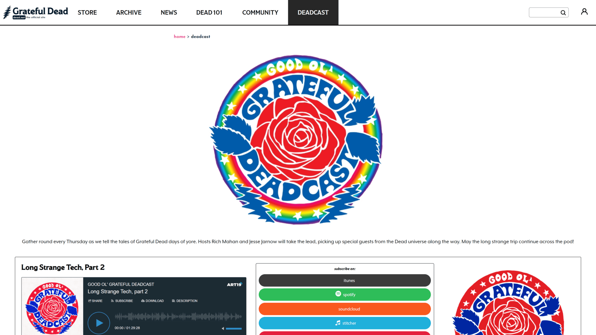 A screenshot of the Good Ol’ Grateful Deadcast homepage