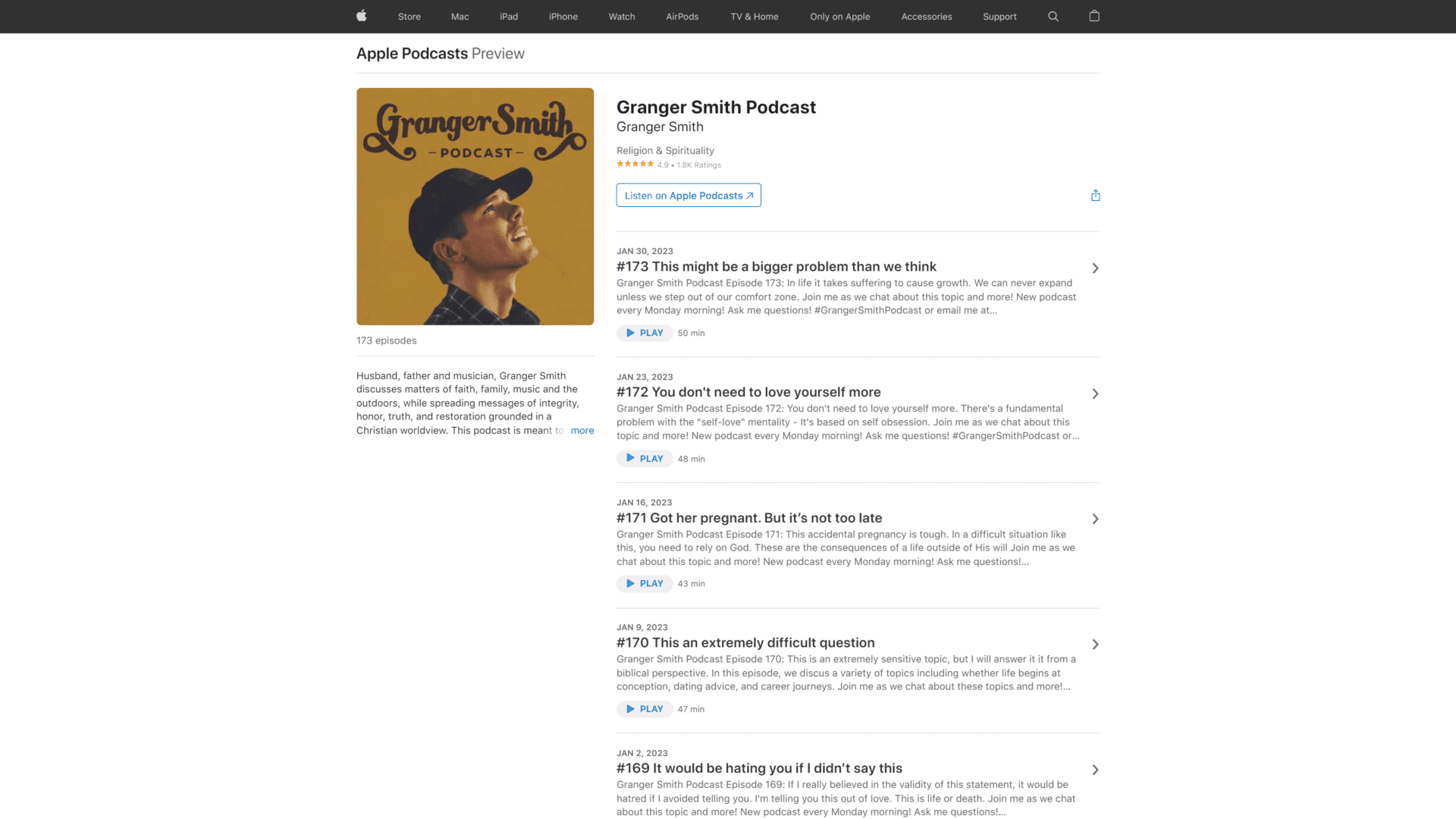 A screenshot of the Granger Smith Podcast homepage