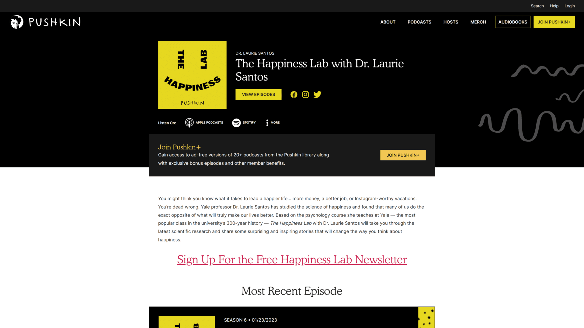 A screenshot of the happiness lab homepage