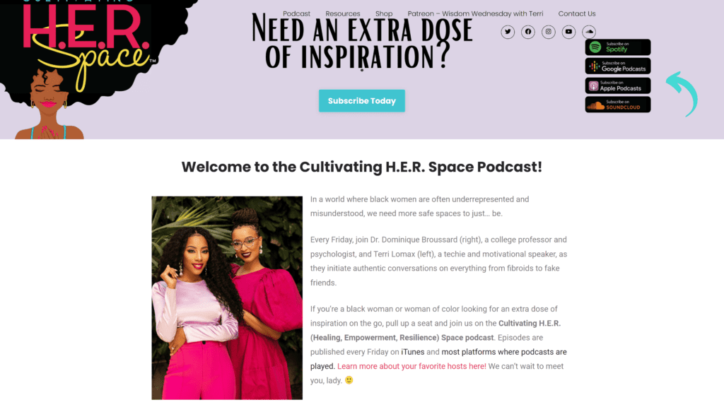 A screenshot of the her space podcast homepage