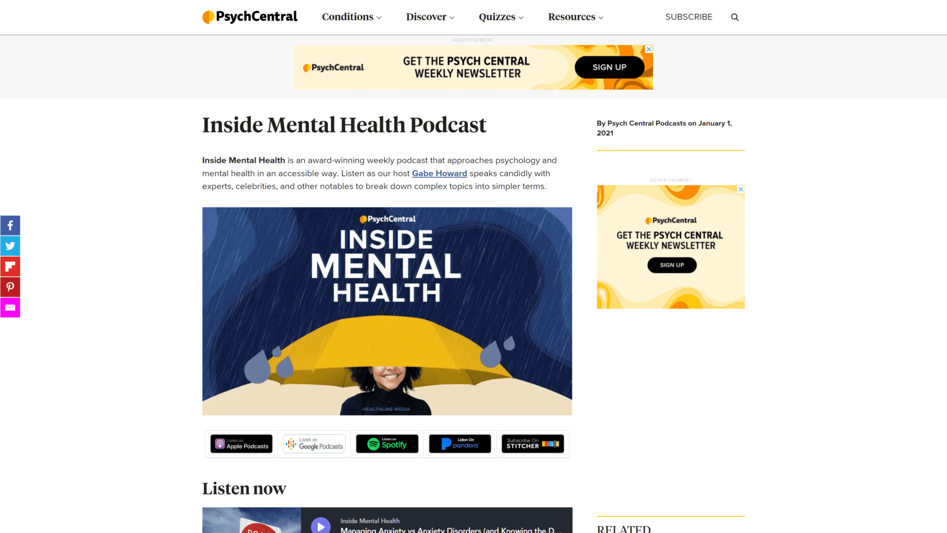 A screenshot of the inside mental health homepage