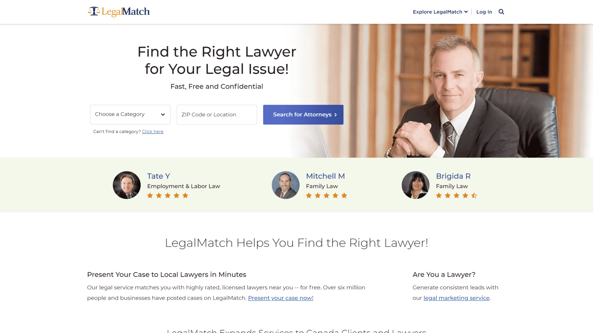screenshot of the legalmatch homepage