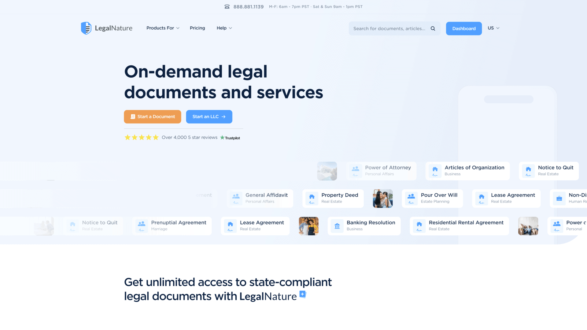 screenshot of the legalnature homepage