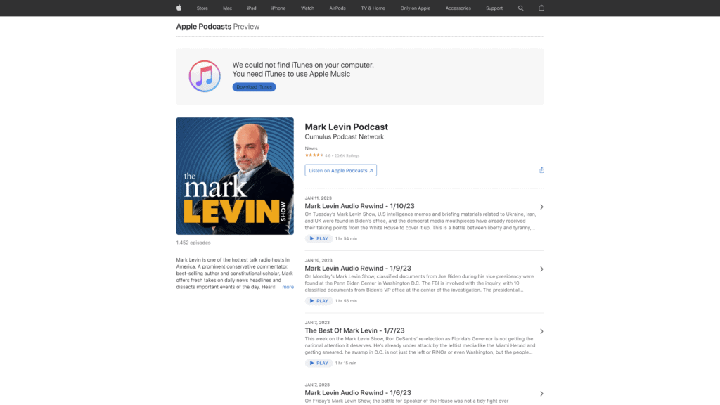 mark levin podcast homepage screenshot 1