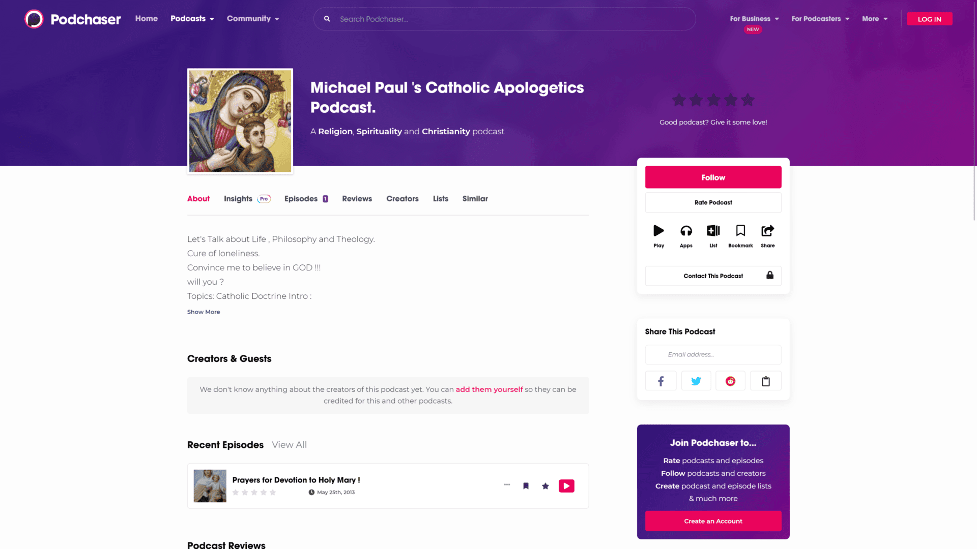 A screenshot of the michael paul’s catholic apologetics  Podcast homepage