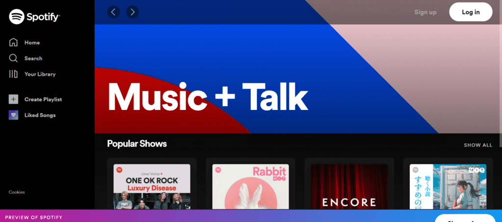screenshot of the music and talk homepage