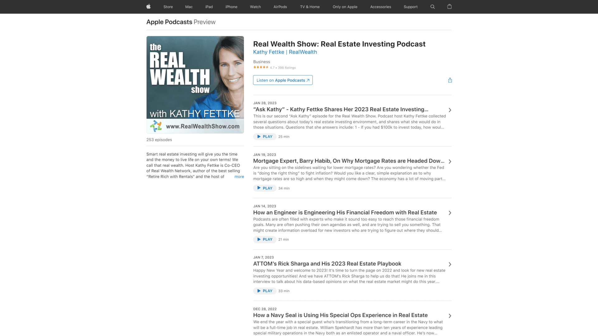 A screenshot of the real wealth show real estate investing podcast homepage