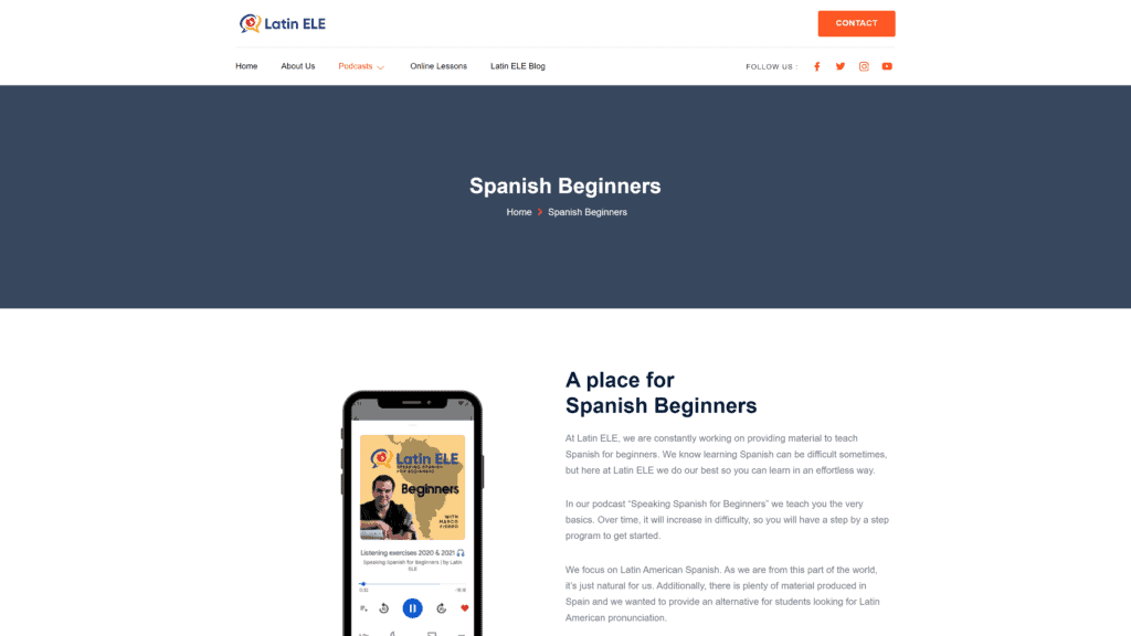 A screenshot of the Spanish beginners homepage