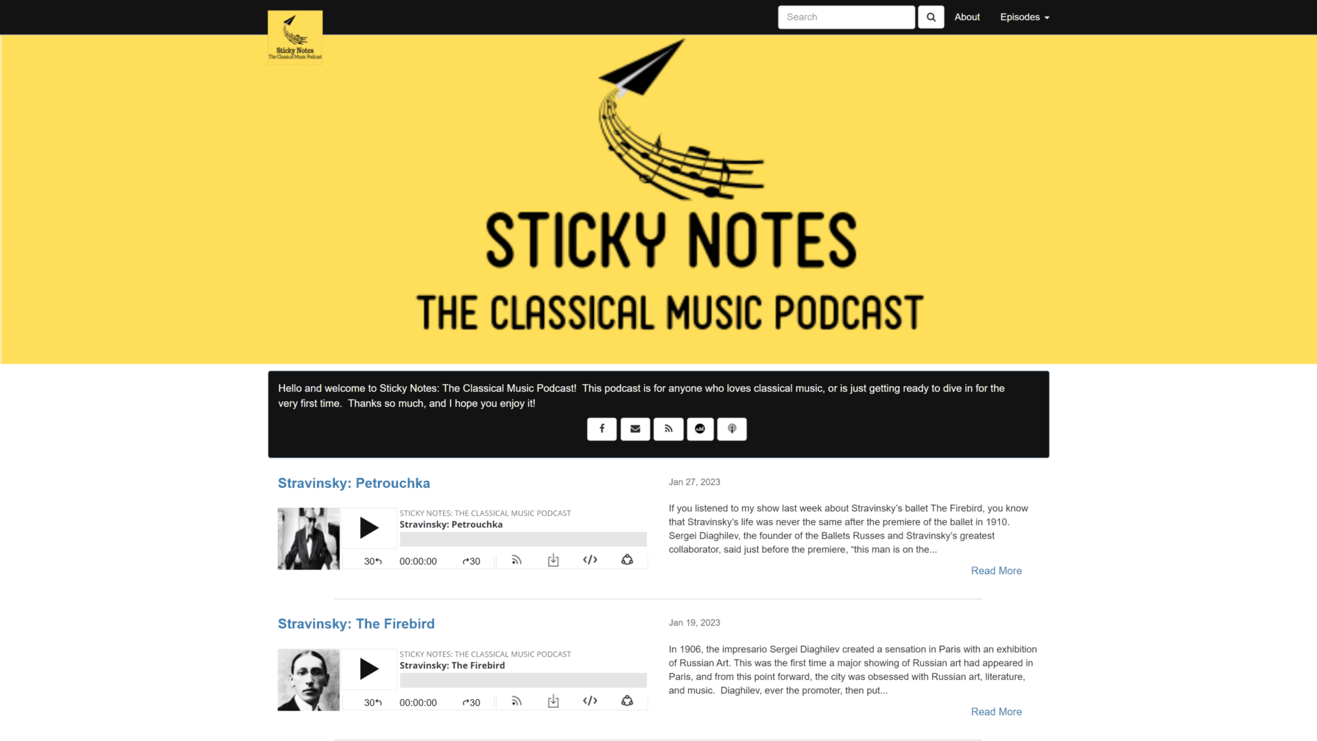 A screenshot of the sticky notes podcast homepage