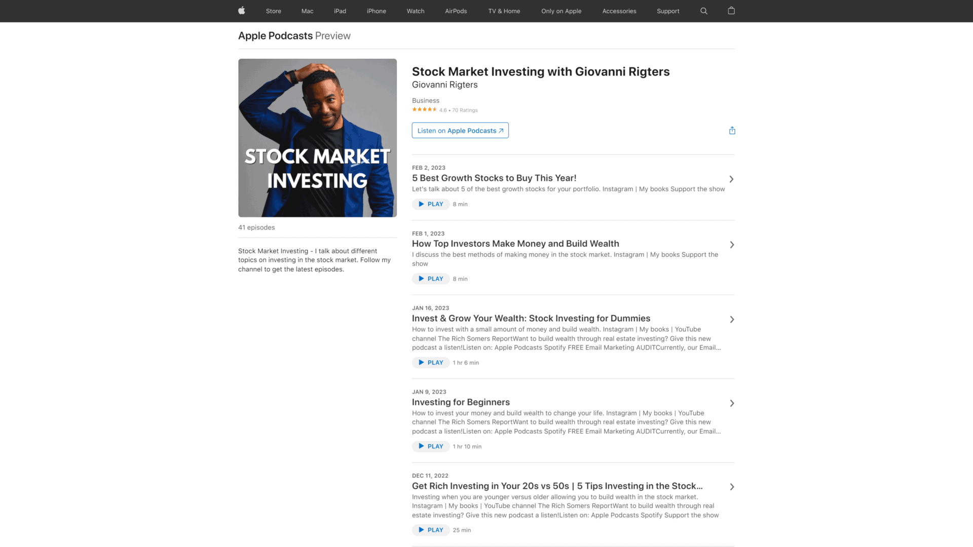 A screenshot of the stock market investing with giovanni righters homepage