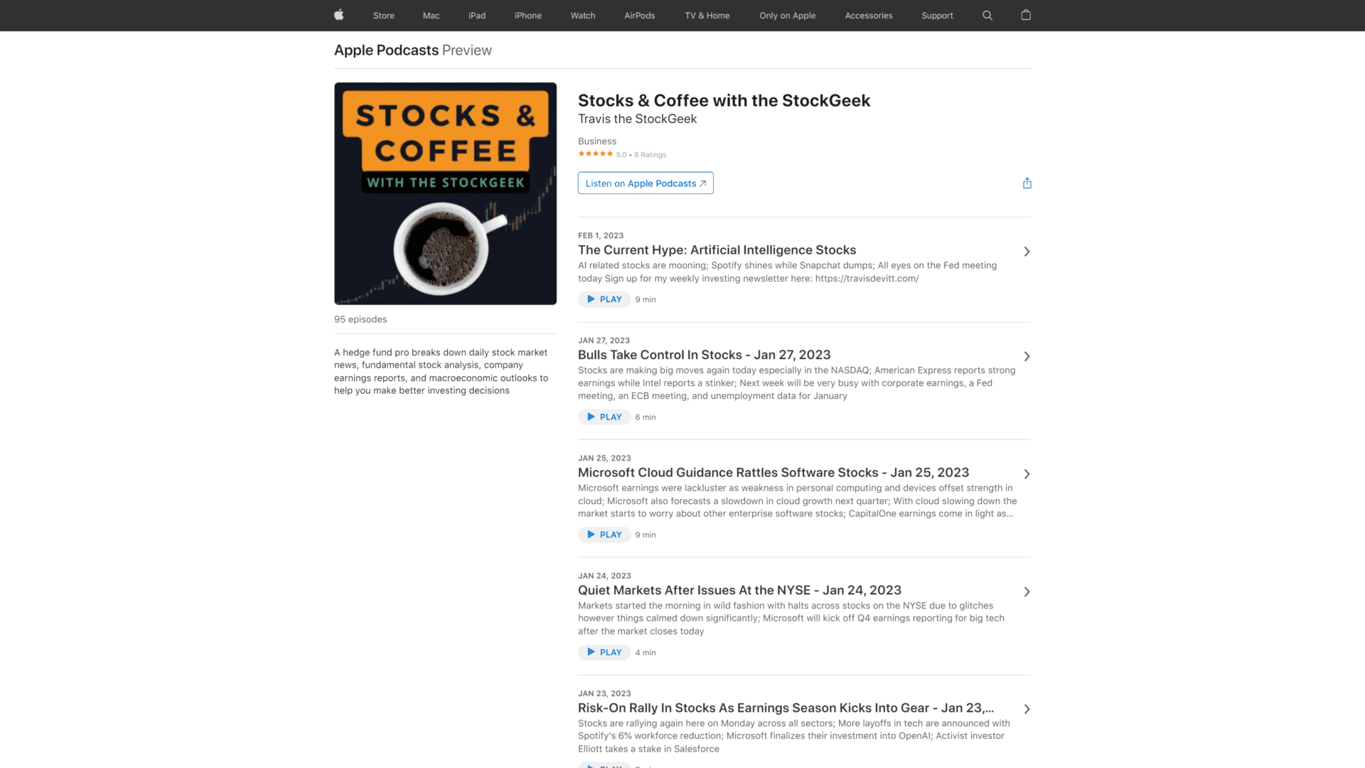 A screenshot of the stocks & coffee with the stock geek homepage