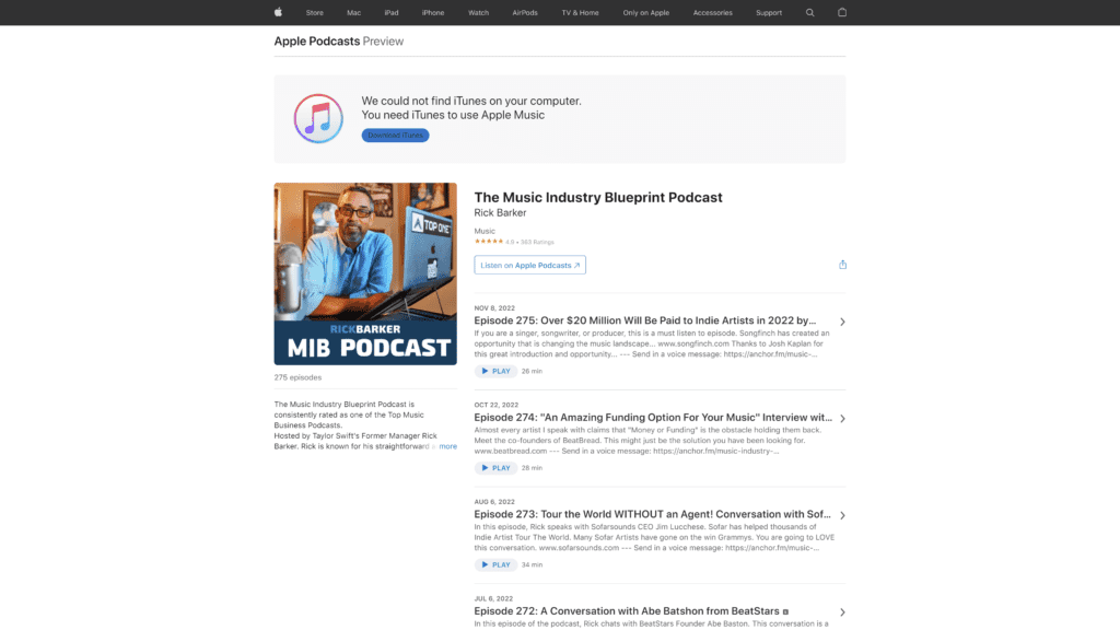 screenshot of the music industry blueprint podcast homepage