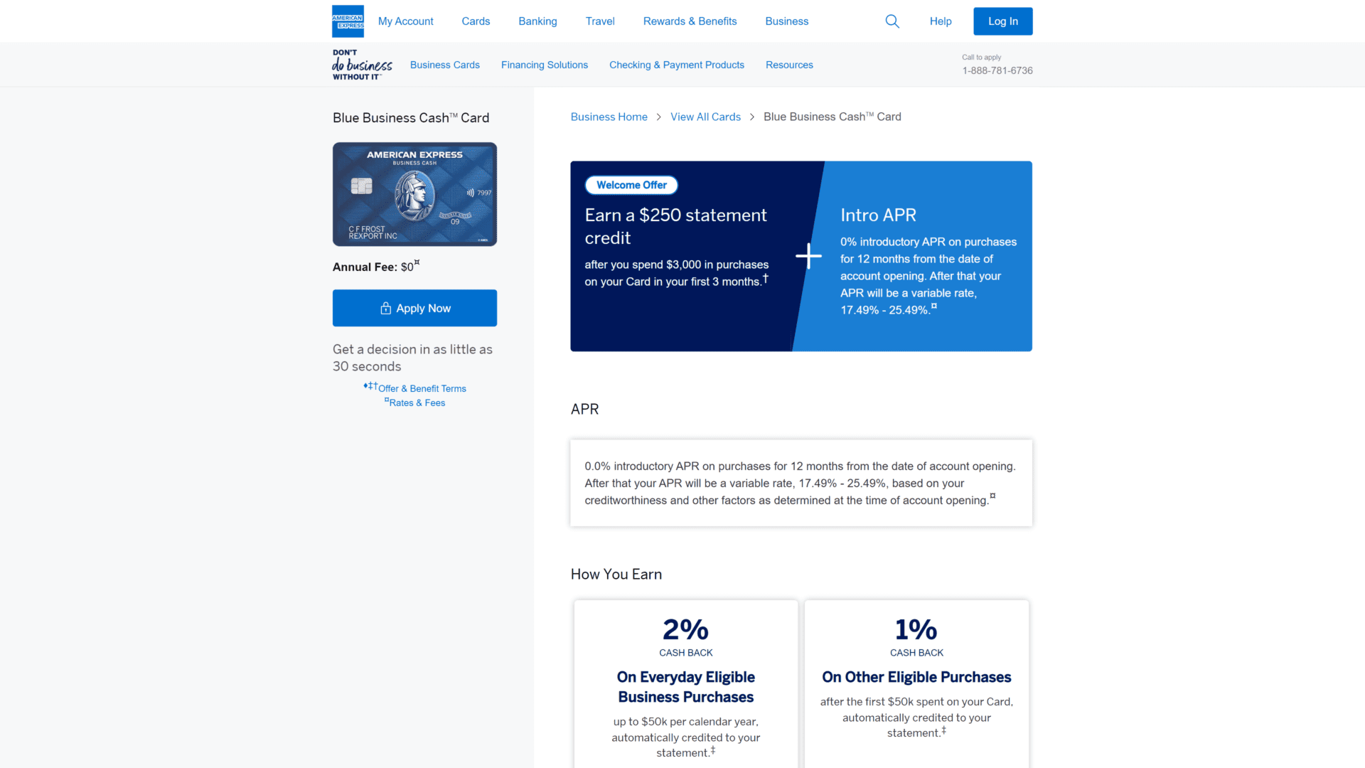 A screenshot of The American Express Blue Business CashTM card homepage