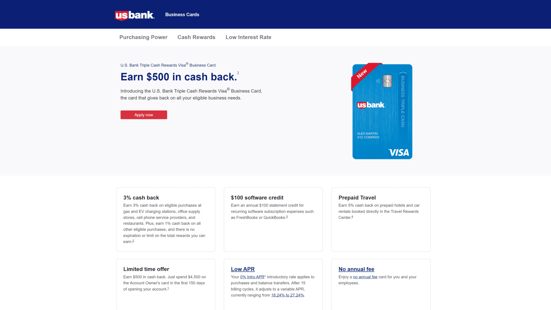 A screenshot of the The U.S. Bank Business Elite Mastercard homepage