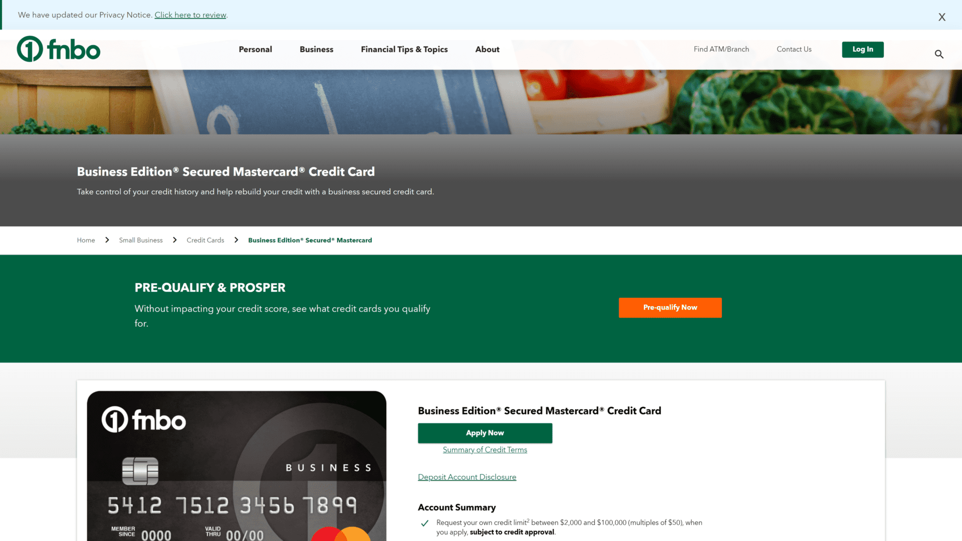 A screenshot of The First National Bank of Omaha Mastercard homepage
