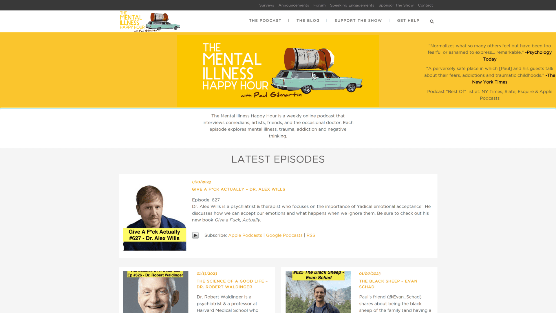 A screenshot of the mental illness happy hour homepage