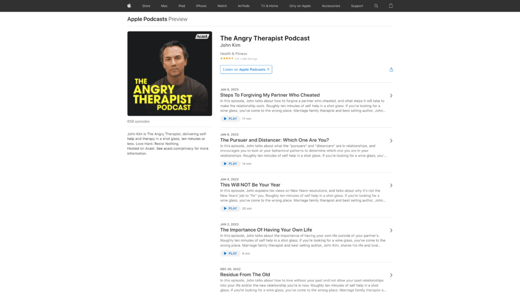 A screenshot of the angey therapist podcast homepage