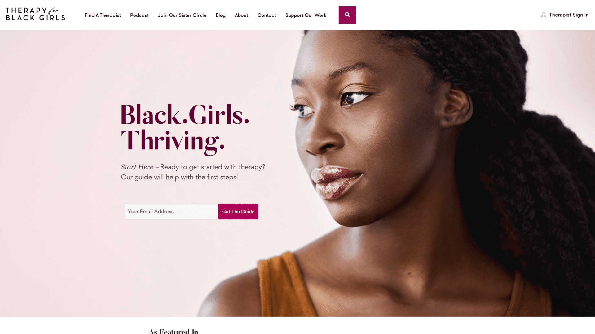 A screenshot of the therapy for black girls homepage